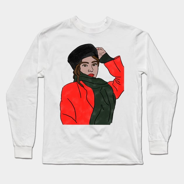 Lady in red coat with black hat, digital portrait painting. Long Sleeve T-Shirt by Colzo Art